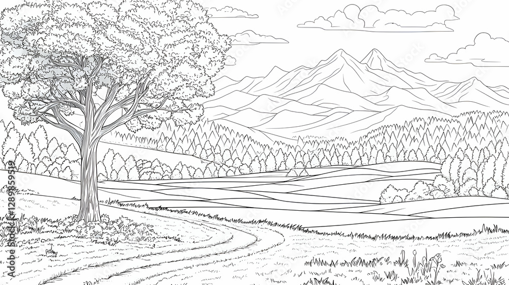 Fototapeta premium Black And White Landscape Drawing Of A Tree And Hilly Field