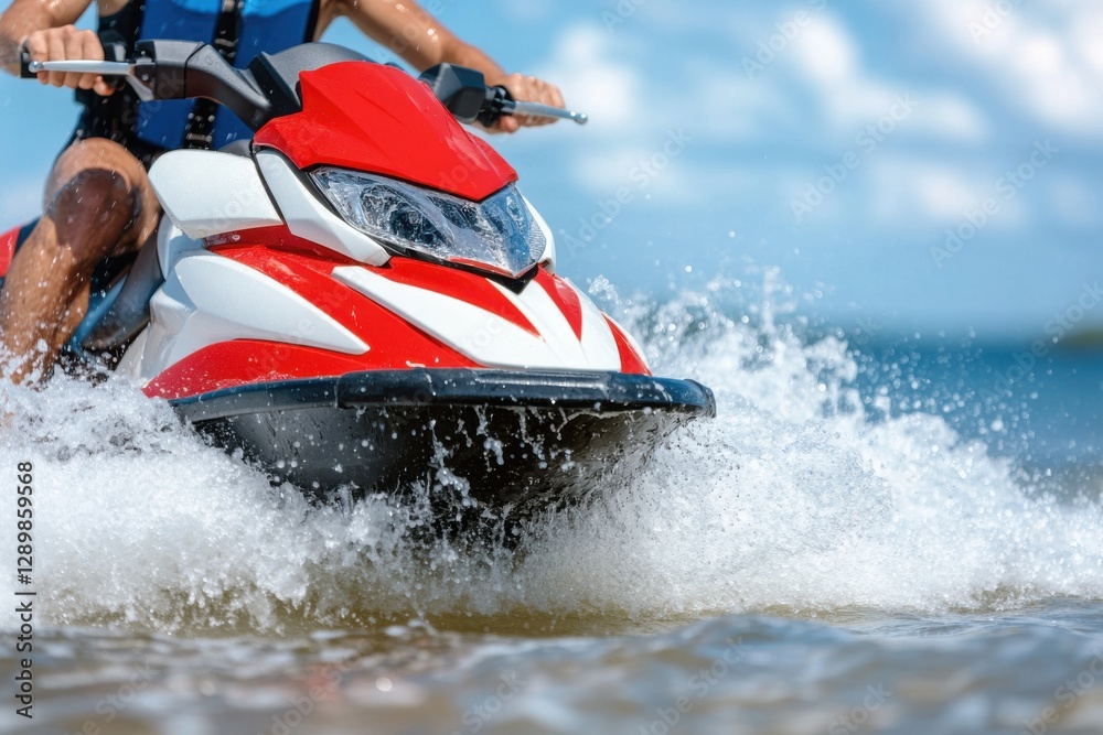 Fototapeta premium Red and white personal watercraft creates splashing waves, A person rides a water scooter on a lake.