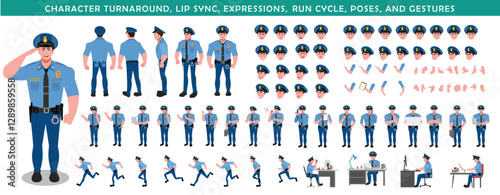 
Police Officer Character Design Model Sheet. Man, Character design. Front, side, back view and explainer animation poses. Character set with lip sync and Walk cycle animation sequences.
