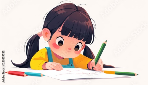 Cute little girl with long brown hair in pigtails, smiling and drawing with crayons on paper.