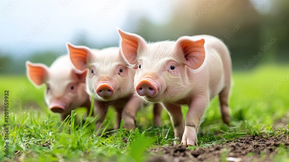 Three young pink piglets walk in green grass, curious and playful piglets in a field. Three young pink piglets walk in green grass, curious and playful piglets in a field.