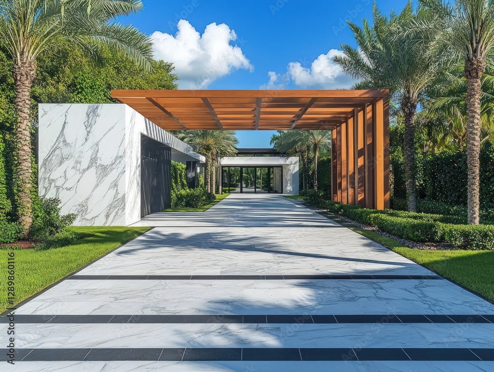 Obraz premium Modern Architectural Entrance With Pathway Lush Tropical Landscaping And Blue Sky