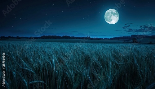 A serene moonlit wheat field under the glow of a full moon in a tranquil countryside setting