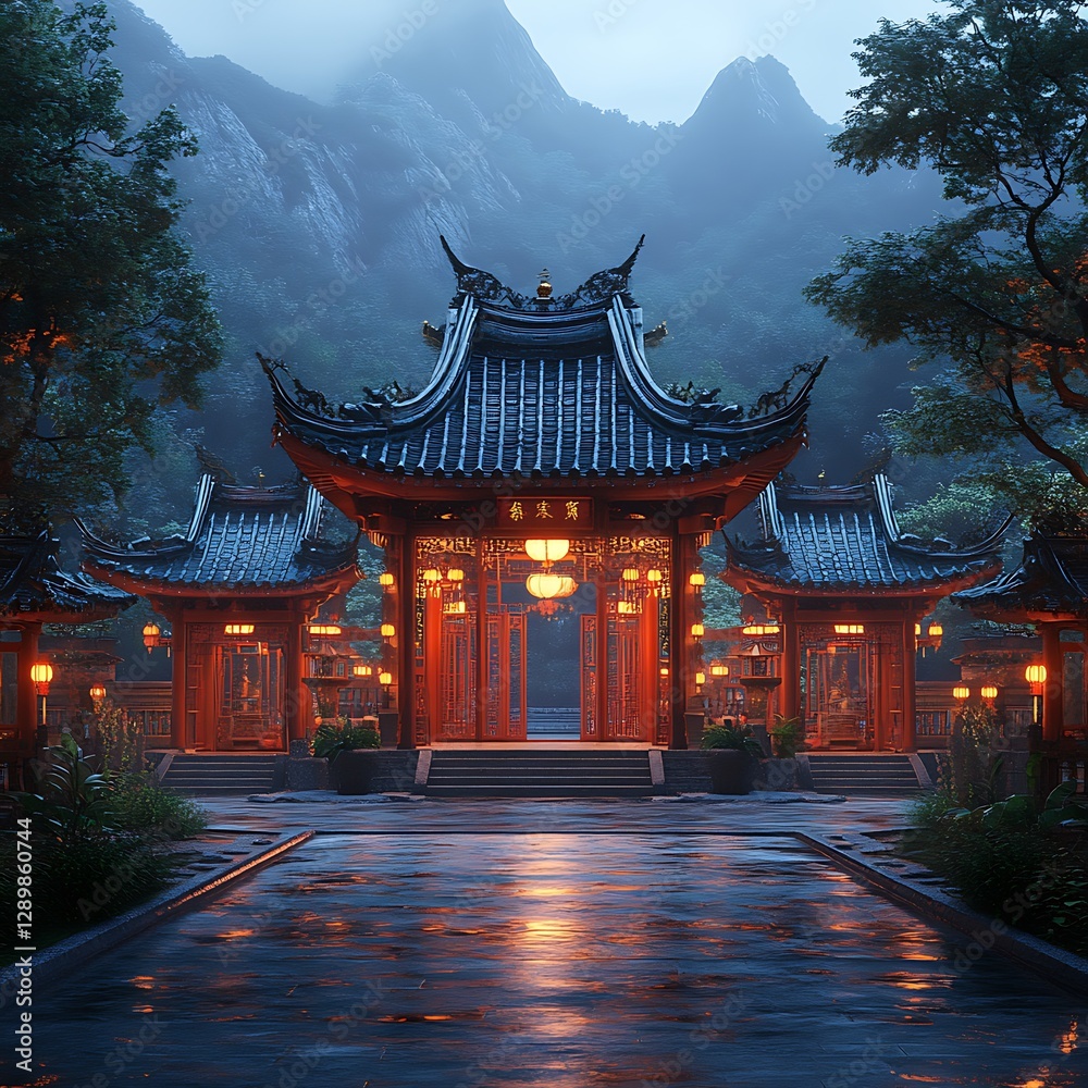 Fototapeta premium Traditional Chinese Gate illuminated at night with mountain backdrop