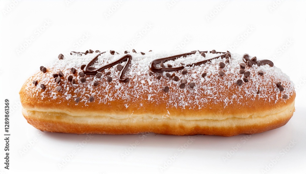 Long John Coconut Donut with Chocolate Sprinkles on White Background Isolated Long John Coconut Donut with Chocolate Sprinkles on White Background Isolated