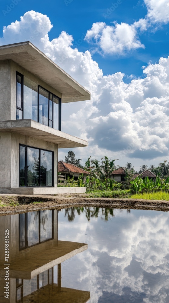 Fototapeta premium Modern Concrete House With Reflective Windows In Front Of Cloudy Sky and Greenery