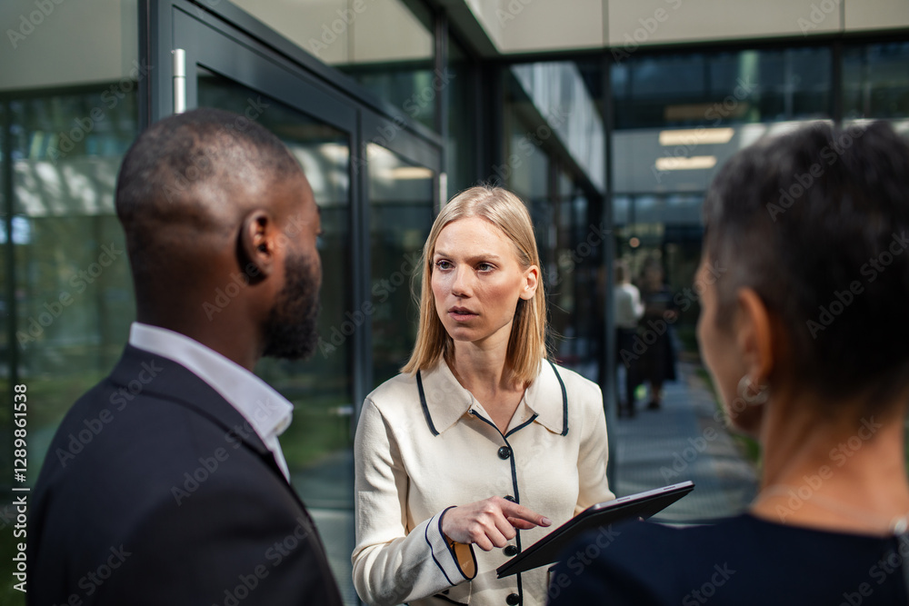 Business professionals discussing document with a colleague in modern office Business professionals discussing document with a colleague in modern office