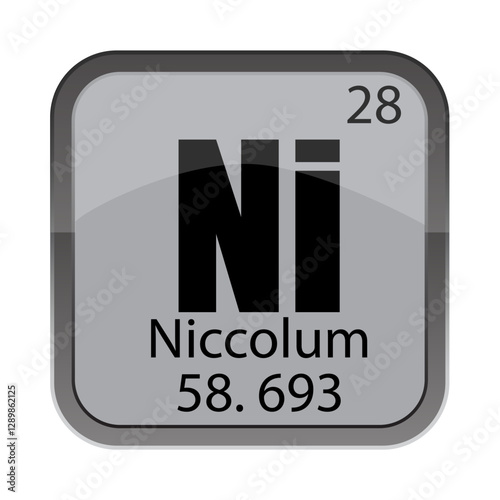 Ni 28 highlight. Niccolum 58.693 label. Chemical element vector. Shiny gray rectangle.