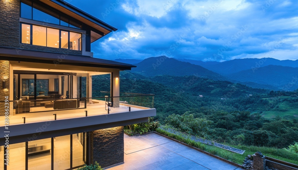 Fototapeta premium Modern House Exterior With Mountain View At Dusk Featuring Lush Green Landscape