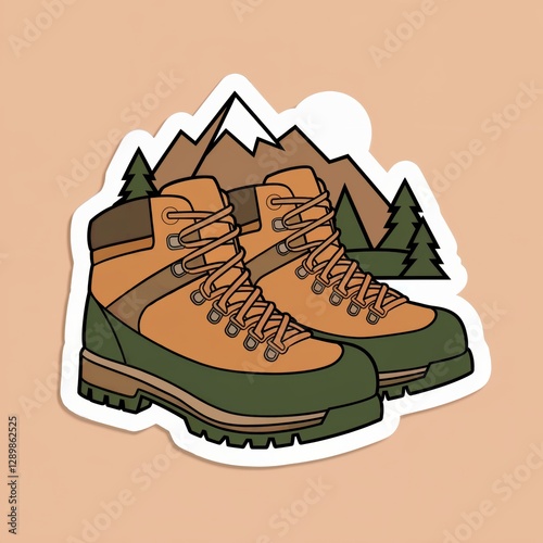 A playful illustration of a pair of hiking boots with mountains in the background. The boots are placed on a white sticker. The background contains mountains, trees, and a clear sky
