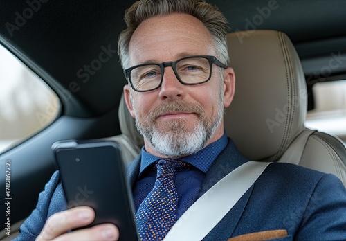 Confident Middle-Aged Businessman Using Smartphone in Luxury Car