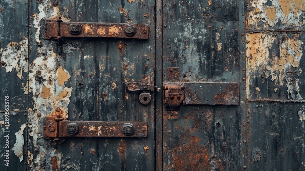 An old metal gate with rusty hinges, covered in peeling paint, standing in an eerie, deserted alley, evoking an atmosphere of industrial history and neglect. An old metal gate with rusty hinges, covered in peeling paint, standing in an eerie, deserted alley, evoking an atmosphere of industrial history and neglect.