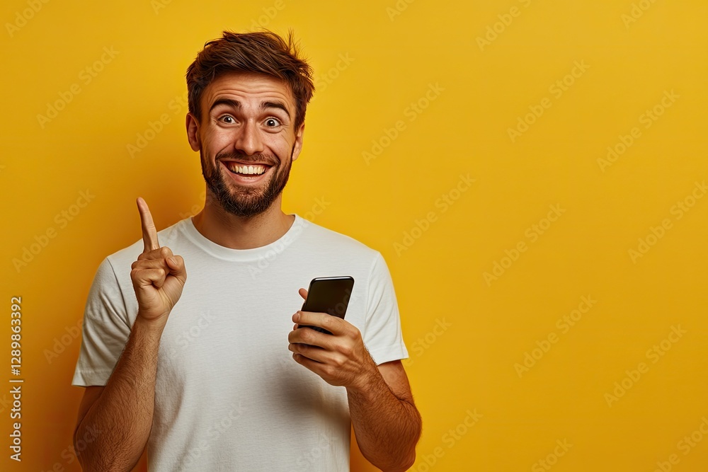 Happy man with phone, pointing idea, yellow background, marketing Happy man with phone, pointing idea, yellow background, marketing