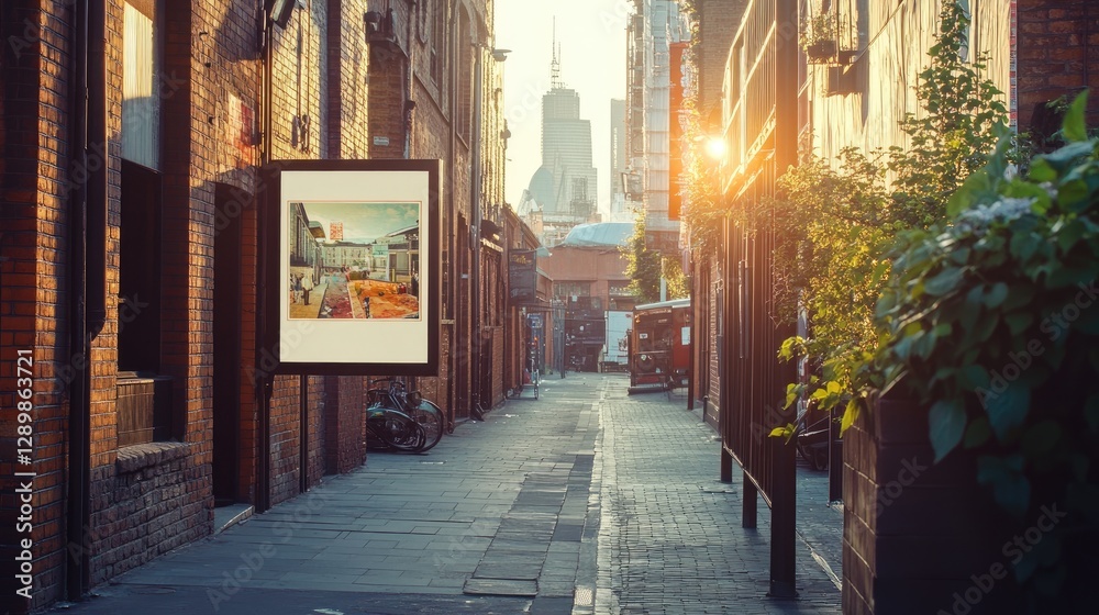 Fototapeta premium An outdoor mockup of a poster displayed on a brick wall in a lively city setting, perfect for creative advertising and showcasing designs.
