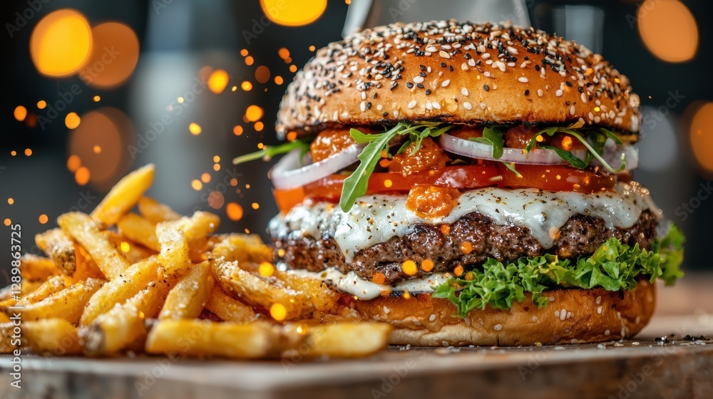 Delicious and indulgent gourmet hamburger with juicy beef patty melted cheese fresh tomato and lettuce served with crispy golden french fries on a rustic wooden surface