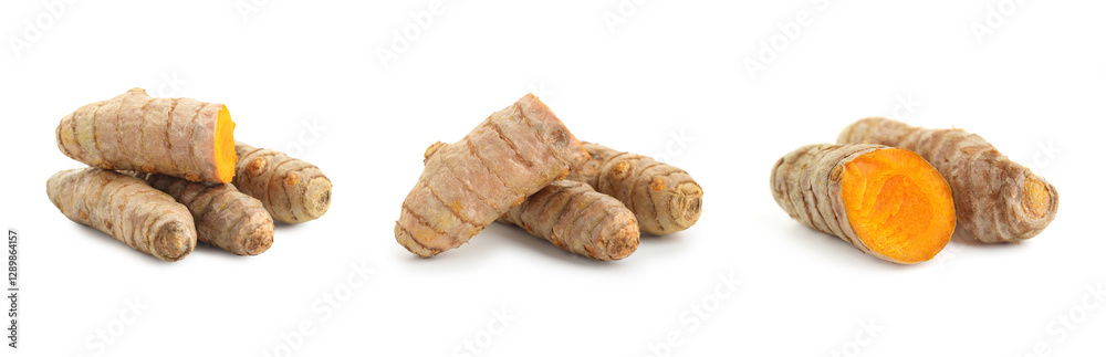 Set of turmeric roots isolated on white Set of turmeric roots isolated on white
