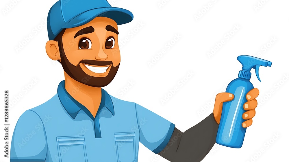 A smiling man holding a blue spray bottle in hand A smiling man holding a blue spray bottle in hand