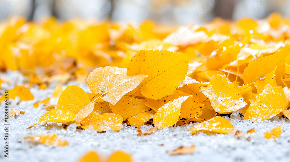 Golden leaves on snow, autumn park, first snow Golden leaves on snow, autumn park, first snow