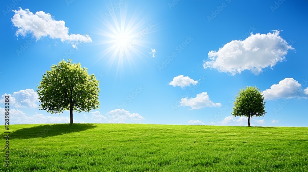 Obraz premium Two Lush Green Trees on a Sunny Grassy Field under a Blue Sky