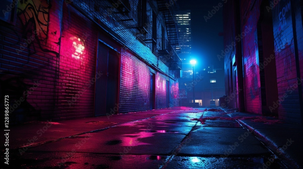 Fototapeta premium Neon lit brick texture with red and blue accents, urban nightlife vibes, intense neon lighting, street art background, wallpaper 