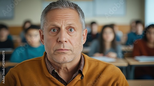 Concerned Teacher Observing Students in Classroom Environment