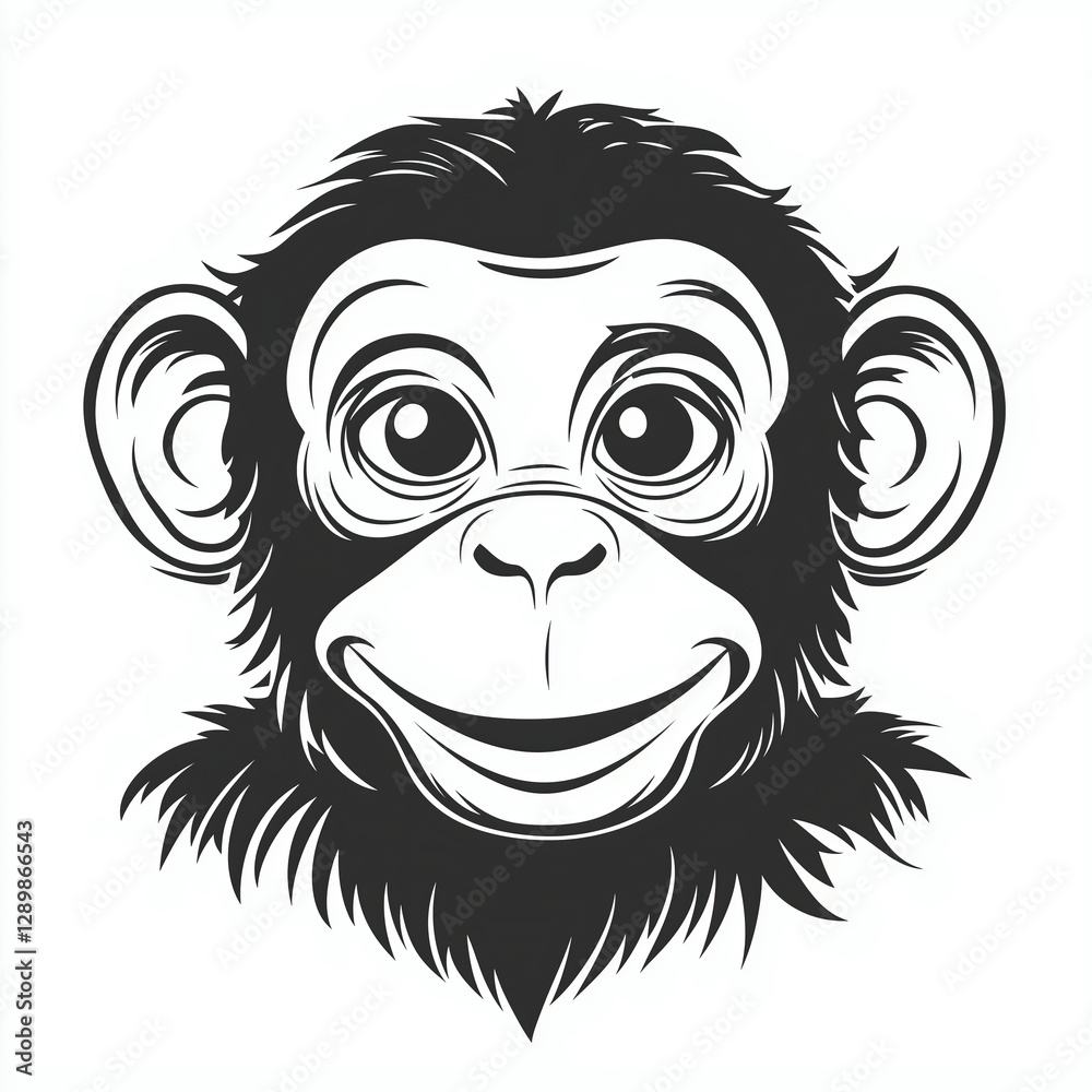 Fototapeta premium Whimsical Black and White Chimpanzee Illustration - Playful Cartoon Monkey Face Art Vector