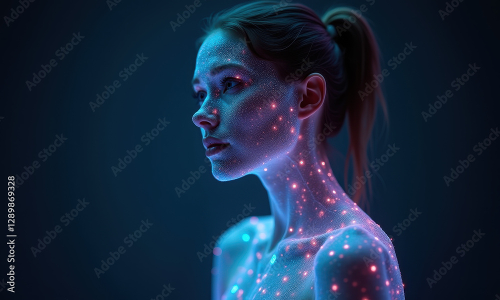 Naklejka premium Glowing Woman, Neon Body Art, Futuristic Portrait - Futuristic themes