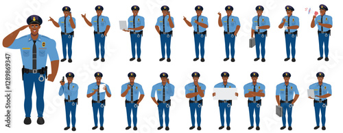 
Police Officer Character Design Model Sheet. Man, Character design. Front, side, back view and explainer animation poses. Character set with lip sync and Walk cycle animation sequences.
