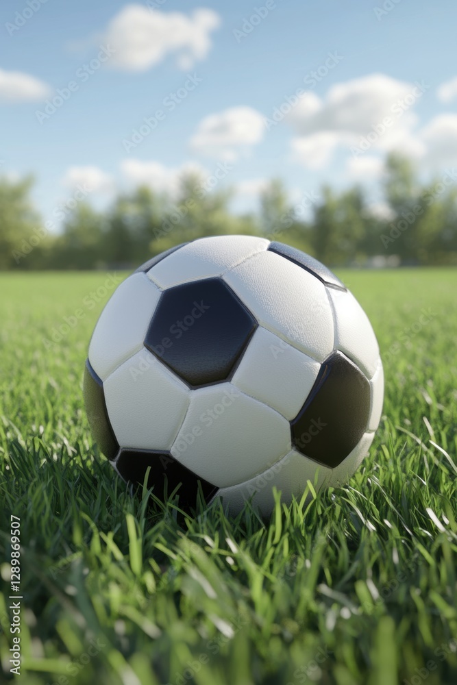 Fototapeta premium Soccer ball on grass lawn. Outdoor activity.
