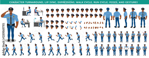 
Police Officer Character Design Model Sheet. Man, Character design. Front, side, back view and explainer animation poses. Character set with lip sync and Walk cycle animation sequences.
