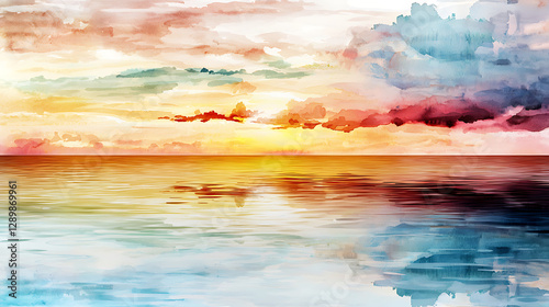 A painting of a sunset over the ocean with a reflection of the sky in the water. generated using AI
