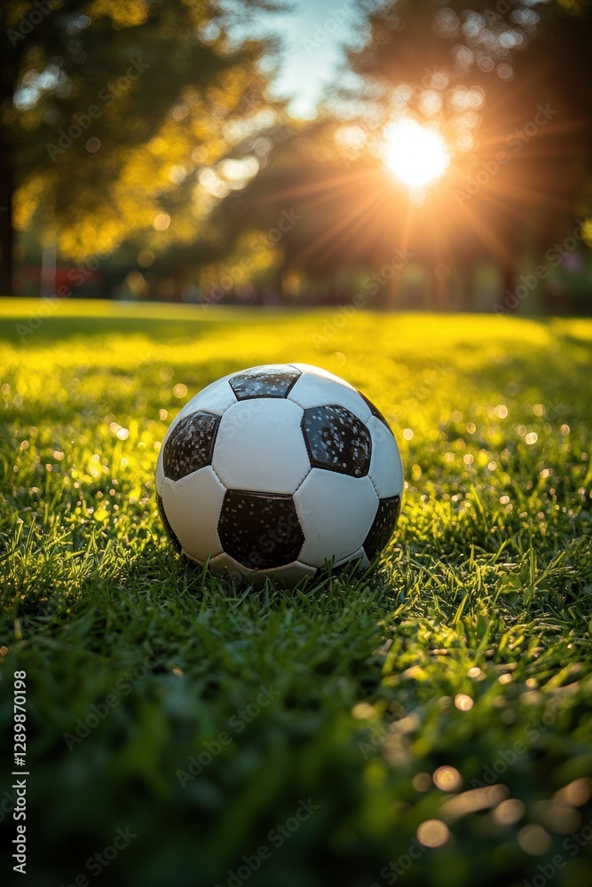 Obraz premium Soccer ball on grass lawn. Outdoor activity.