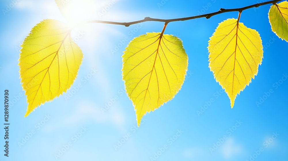 Yellow Autumn Leaves on Branch Against Sunny Blue Sky Yellow Autumn Leaves on Branch Against Sunny Blue Sky