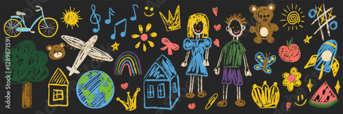 Kids chalk drawings big set. Collection freehand child baby hand drawn scribble elements: house, airplane, music notes, smile, flower, rocket, Earth. Vector illustration isolated on black background