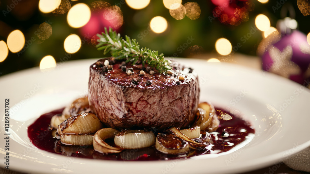 Close up of a juicy beef fillet with a red wine sauce and cooked onions on a white plate, generative AI Close up of a juicy beef fillet with a red wine sauce and cooked onions on a white plate, generative AI