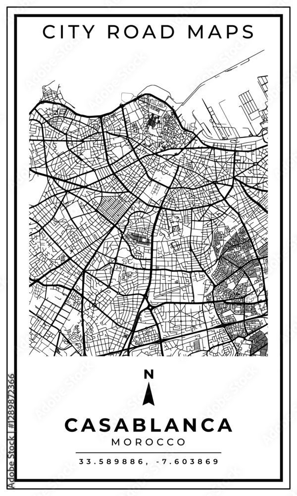 Obraz premium Black and white printable road map of Casablanca city Morocco banner poster design with coordinate position location, vector illustration