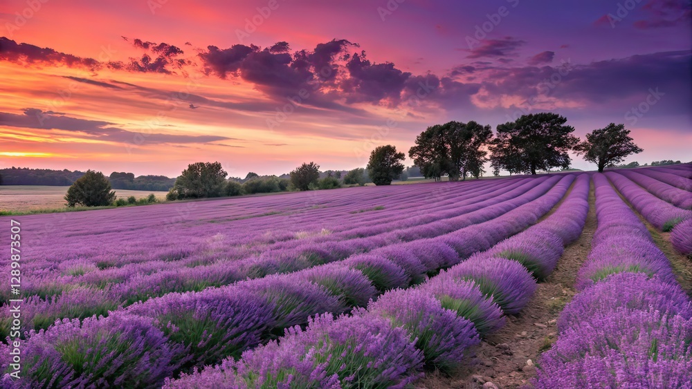 Fototapeta premium Breathtaking Lavender Fields at Sunset with Vibrant Sky and Rolling Hills