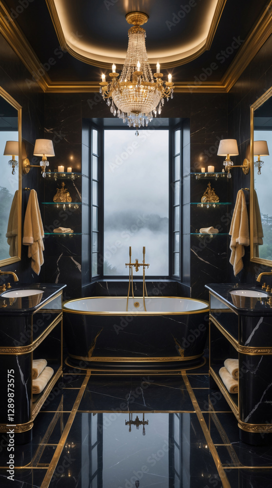 Fototapeta premium High end bathroom interior with black marble golden highlights crystal chandelier and a modern jacuzzi offering ultimate relaxation interior design inspiration