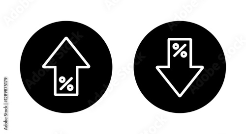 Up and down percent outline icon on black circle. Lower and higher arrow sign symbol