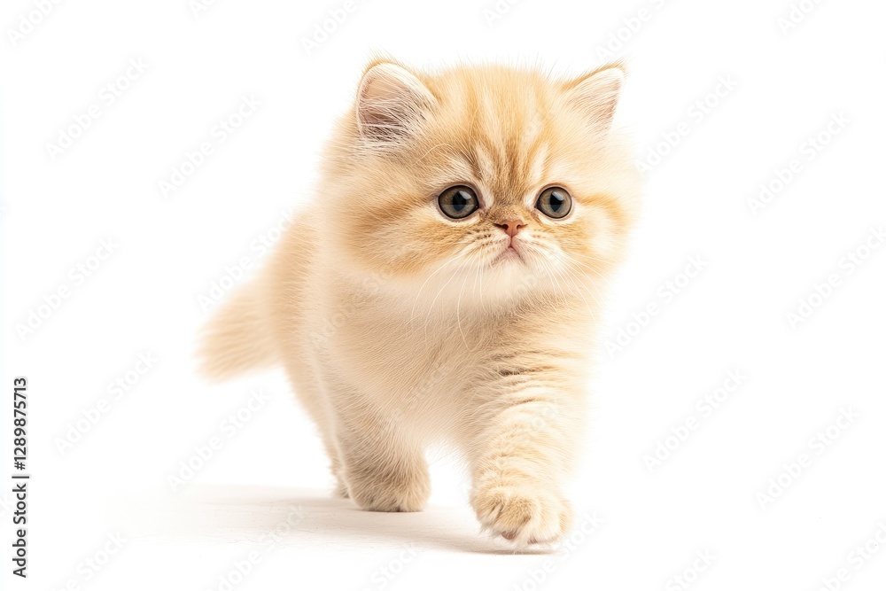 Cute ginger kitten walking, studio shot, white background, pet adoption