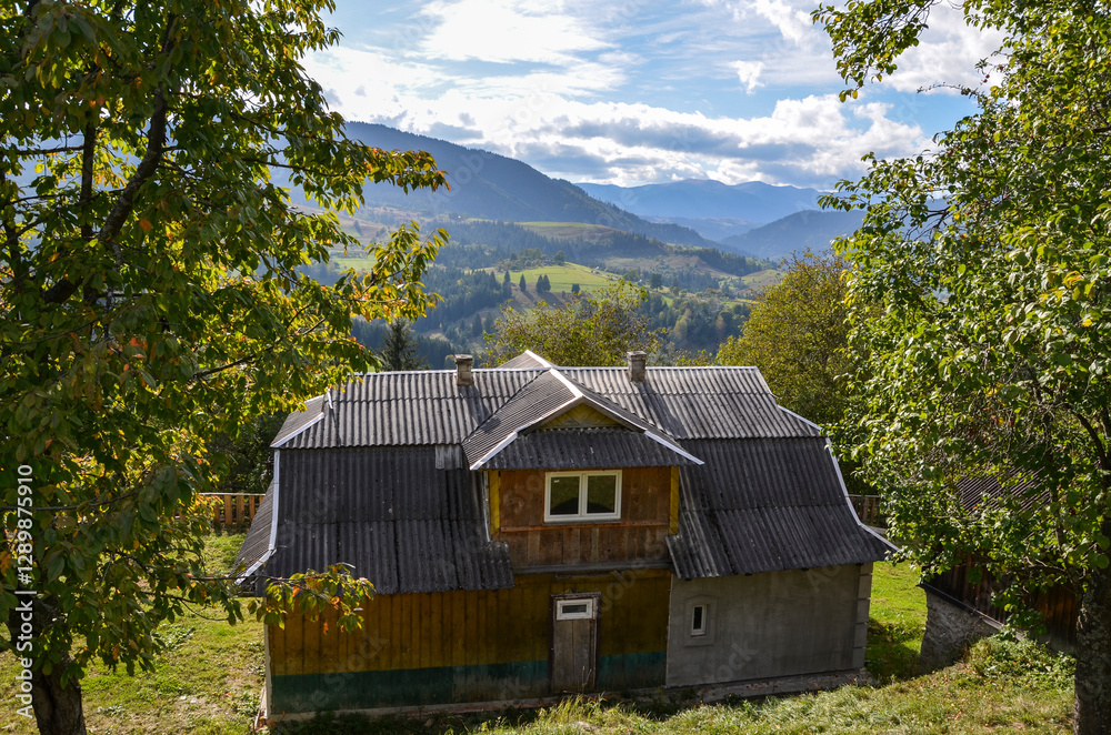 custom made wallpaper toronto digitalRustic countryside house surrounded by greenery and breathtaking hilly mountain backdrop under blue sky, illustration tranquility and natural beauty in rural setting. Carpathians, Ukraine