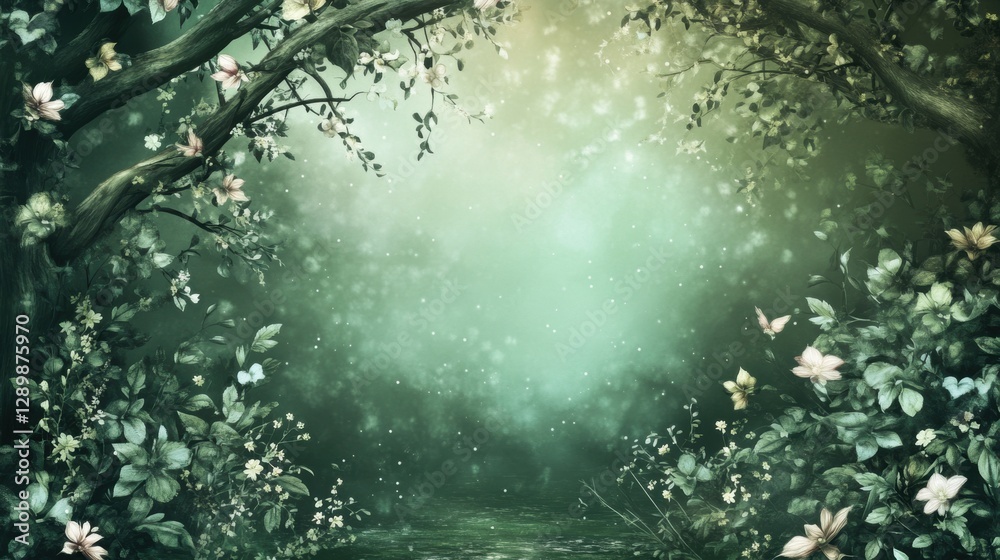 Fototapeta premium Green theme Spring background with flowers leaves.