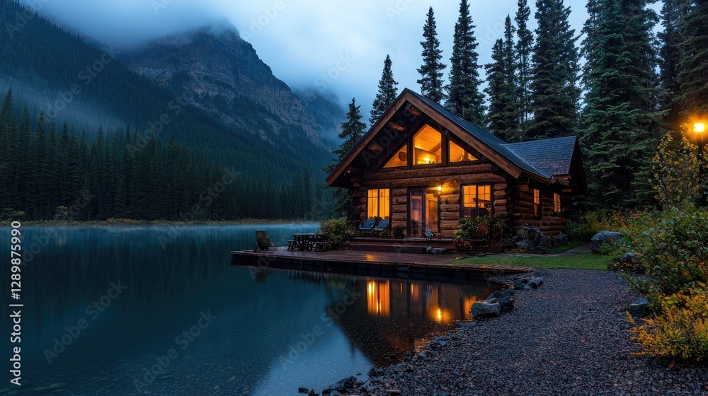 Log Cabin Lakeside at Dusk Log Cabin Lakeside at Dusk