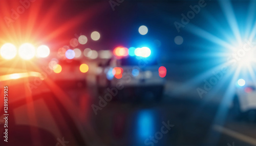 Atmospheric image capturing blurred police lights at a crime scene with red and blue colors