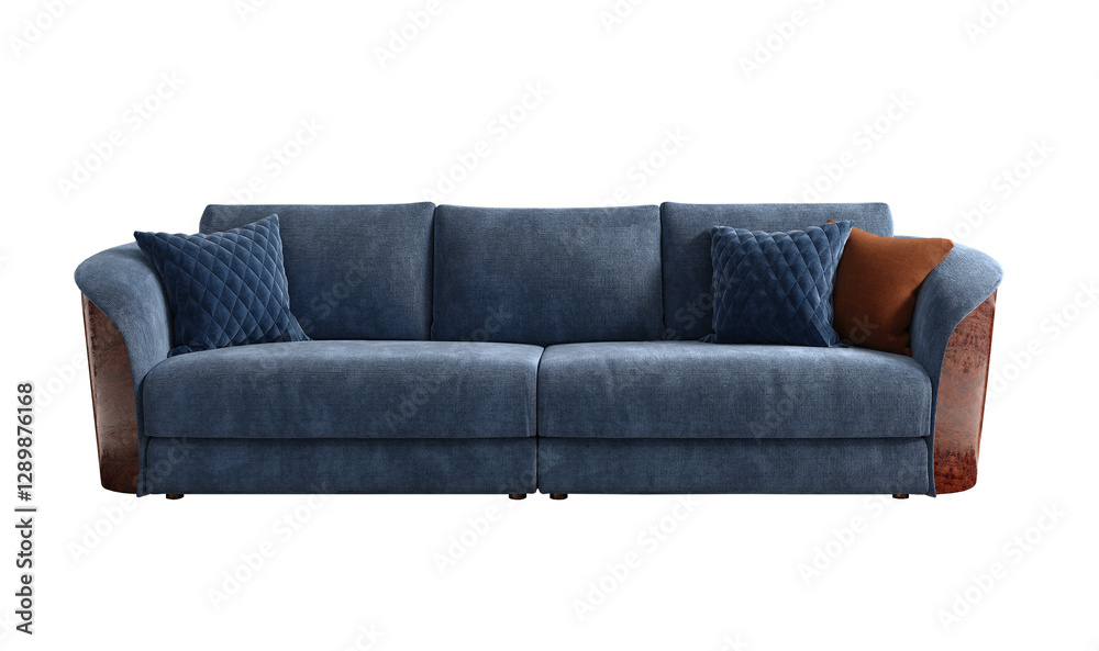 Fototapeta premium Blue sofa and pillows isolated PNG. 3d rendering