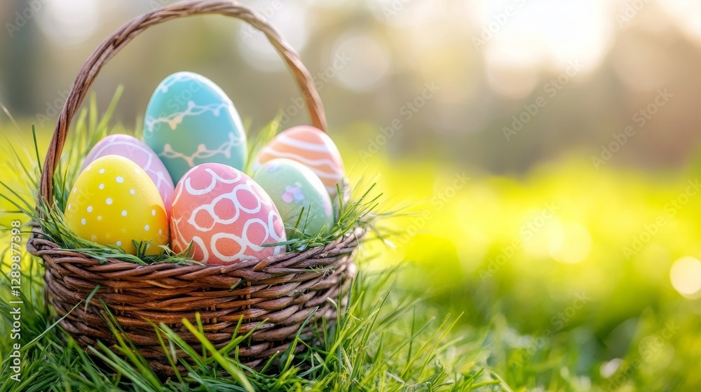 Colorful Easter eggs in a basket with fresh grass, decorated with pastel colors, creating a festive and joyful atmosphere for the holiday. Colorful Easter eggs in a basket with fresh grass, decorated with pastel colors, creating a festive and joyful atmosphere for the holiday.
