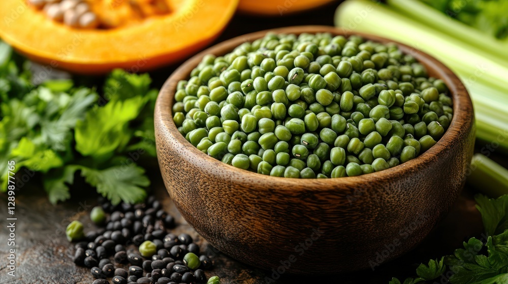 Fresh Mung Beans in Wooden Bowl with Parsley and Celery Fresh Mung Beans in Wooden Bowl with Parsley and Celery