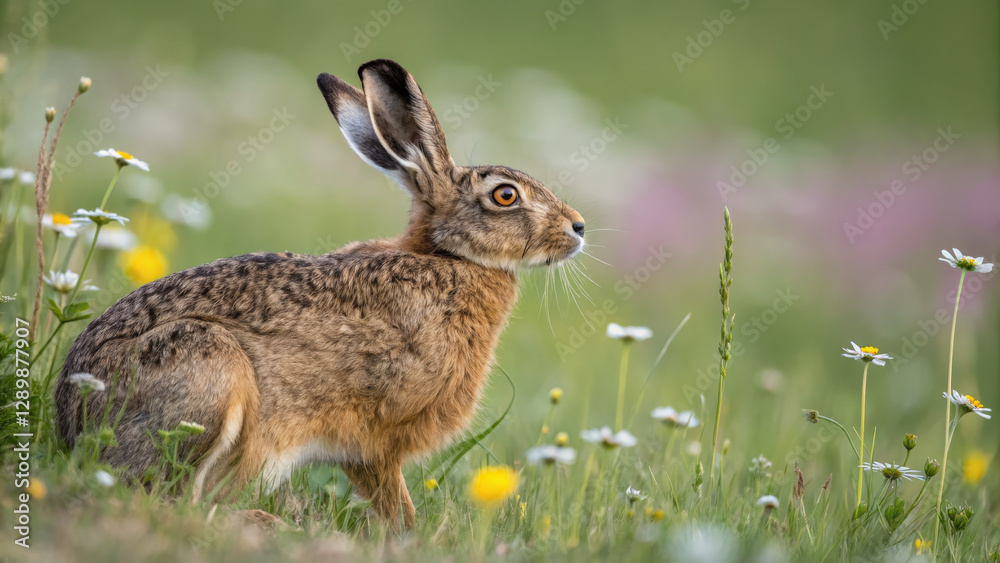 Fototapeta premium brown hare sitting among wildflowers in vibrant meadow