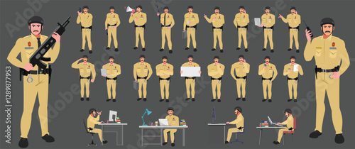
Police Officer Character Design Model Sheet. Man, Character design. Front, side, back view and explainer animation poses. Character set with lip sync and Walk cycle animation sequences.

