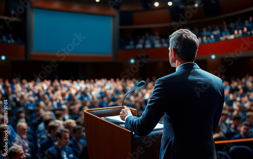 A speaker addresses a large audience in a formal setting, conveying powerful messages that inspire engagement and collaboration among attendees. photo